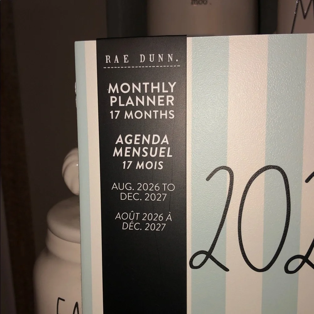 Rae Dunn 2027. 17 Month Planner with Blue/Green Stripes Design